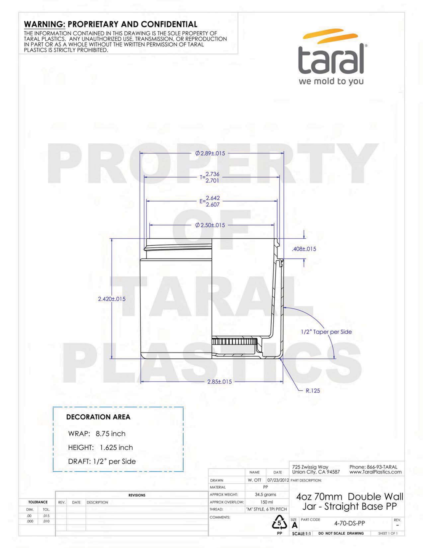 Actual Taral 4 oz 70 mm double-wall jar technical drawing with dimensional callouts and cross-section