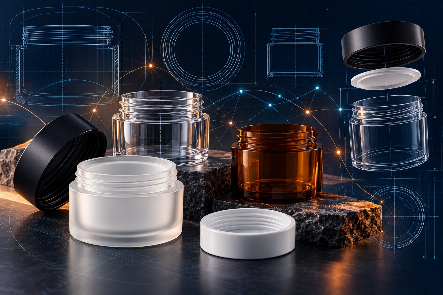 Conceptual illustration of jars, closures, engineering dimensions, and connected product knowledge
