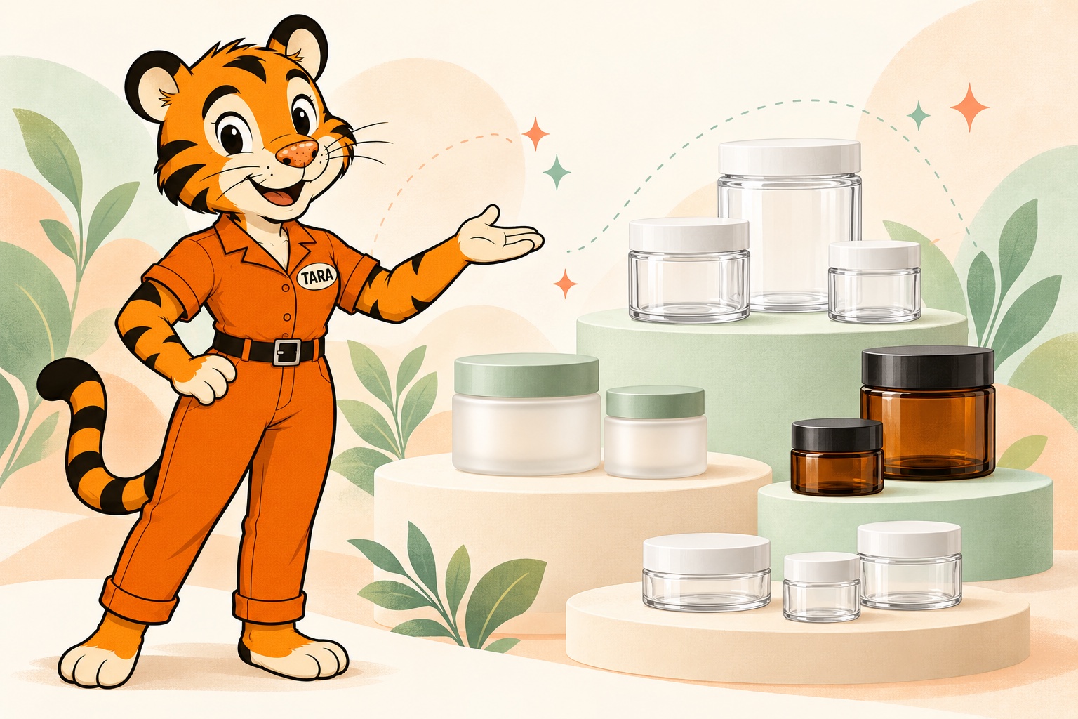 Tara the friendly tiger in orange coveralls guides customers through a collection of jars in an airy, playful illustration.