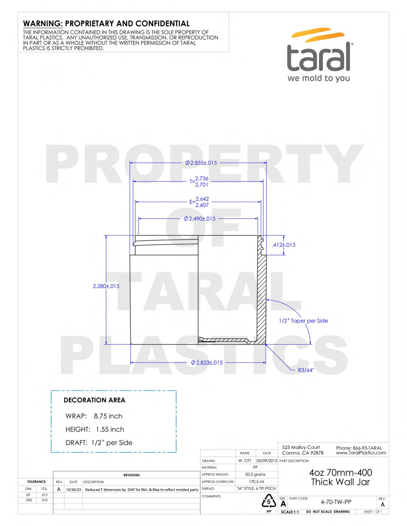 Actual Taral 4 oz 70 mm thick-wall jar technical drawing with dimensional callouts and cross-section